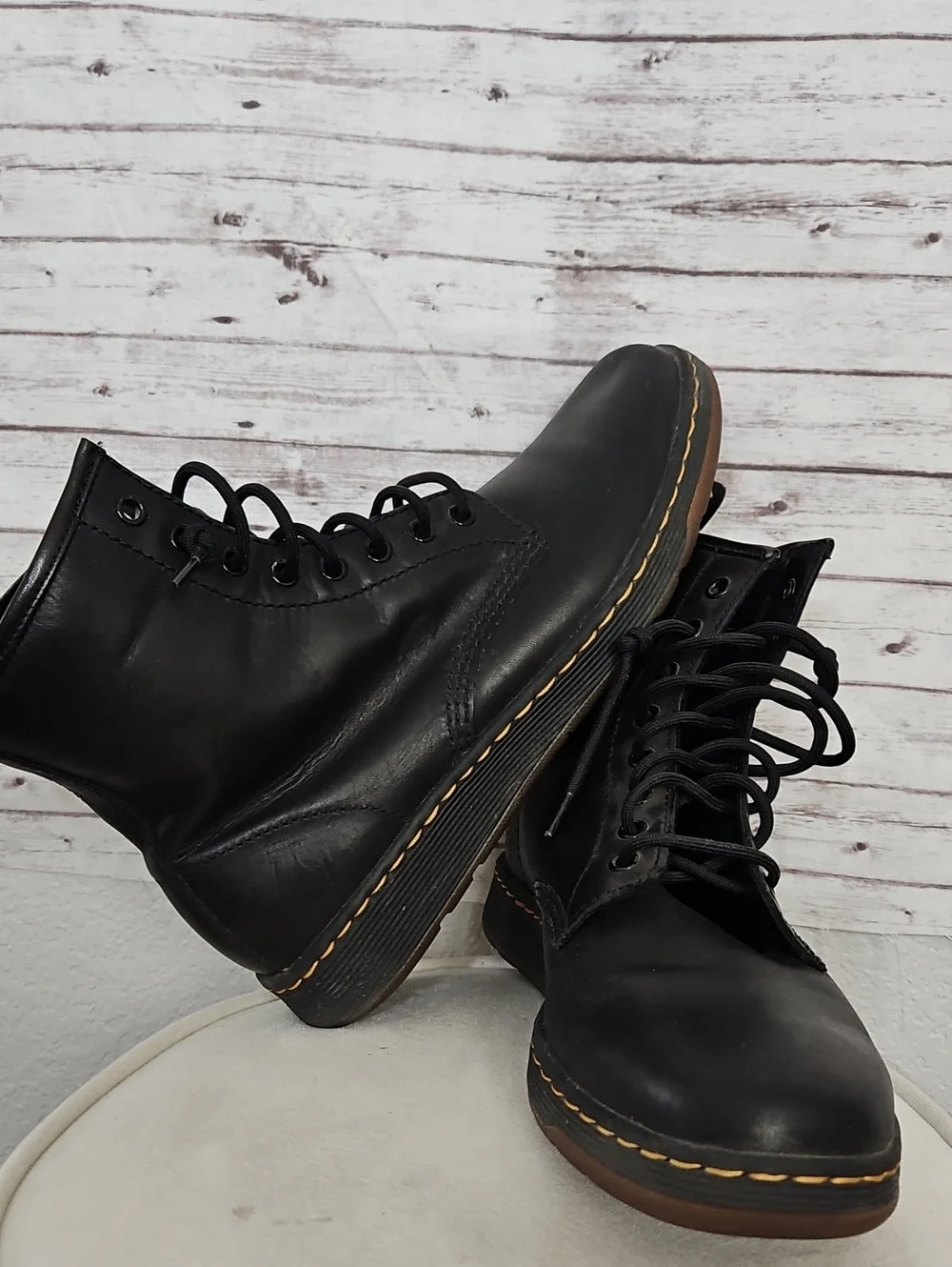 Dr. Martens Black Leather Lace-Up Ankle Boots with Contrast Stitching